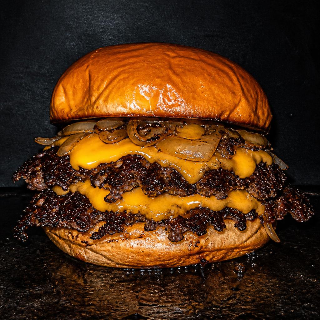 Dinky OG smash burger with two crispy-edged beef patties, griddled onions and melted cheddar on a brioche bun