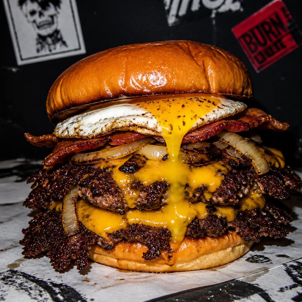 Hangover Smash burger with two beef patties, bacon, a runny over-easy egg and cheddar on a brioche bun