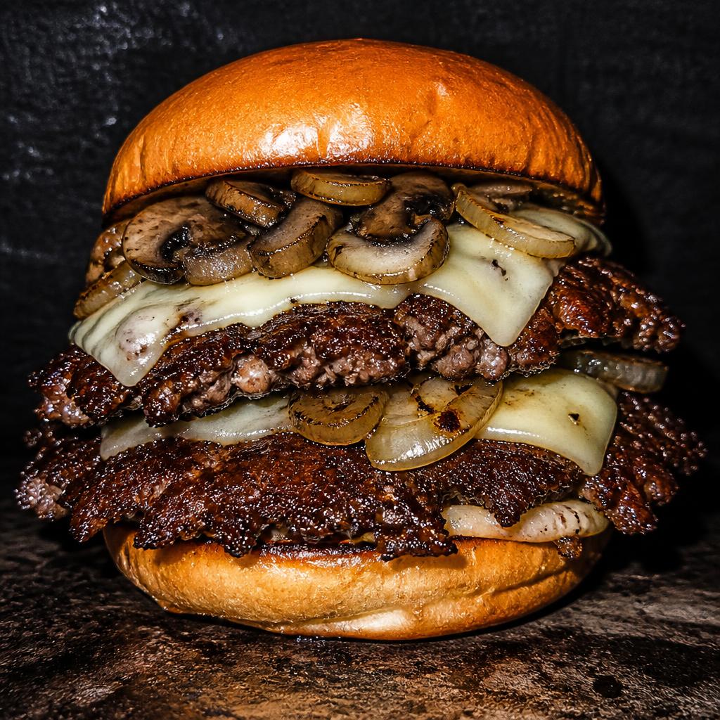 Swissy Smash burger with two beef patties, sauteed mushrooms, onions and melted swiss cheese on a brioche bun