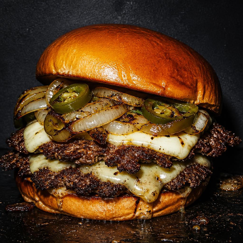 Tex Mex Smash burger with two beef patties, griddled onions, sliced jalapeños and melted pepper jack on a brioche bun